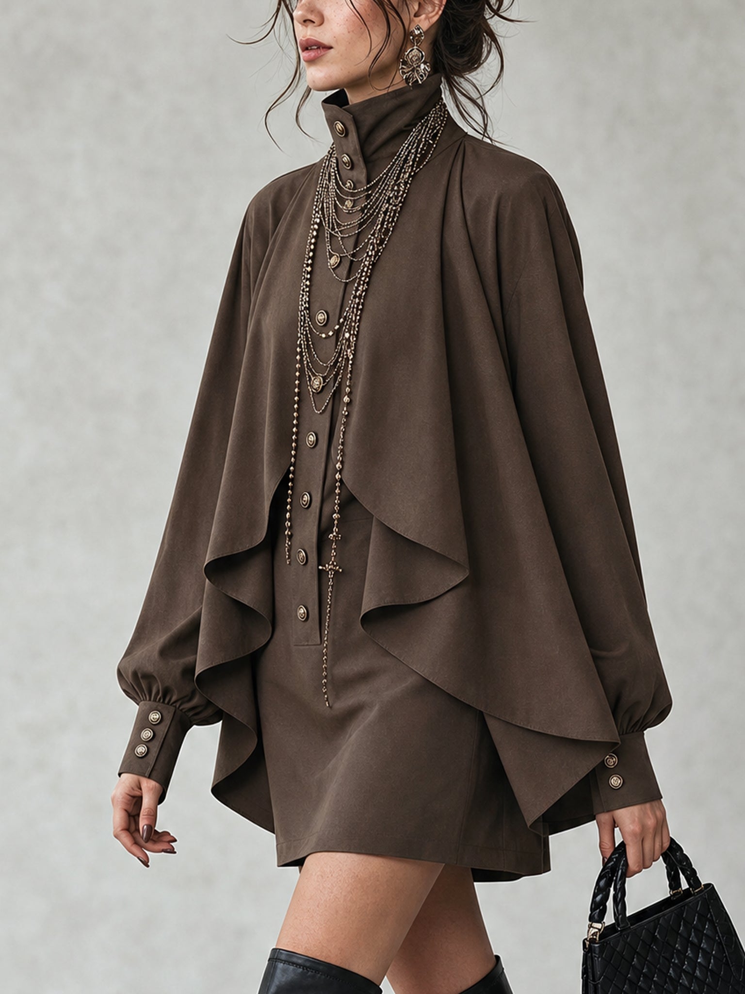 Chocolate high-neck mini dress with cape-style paneling