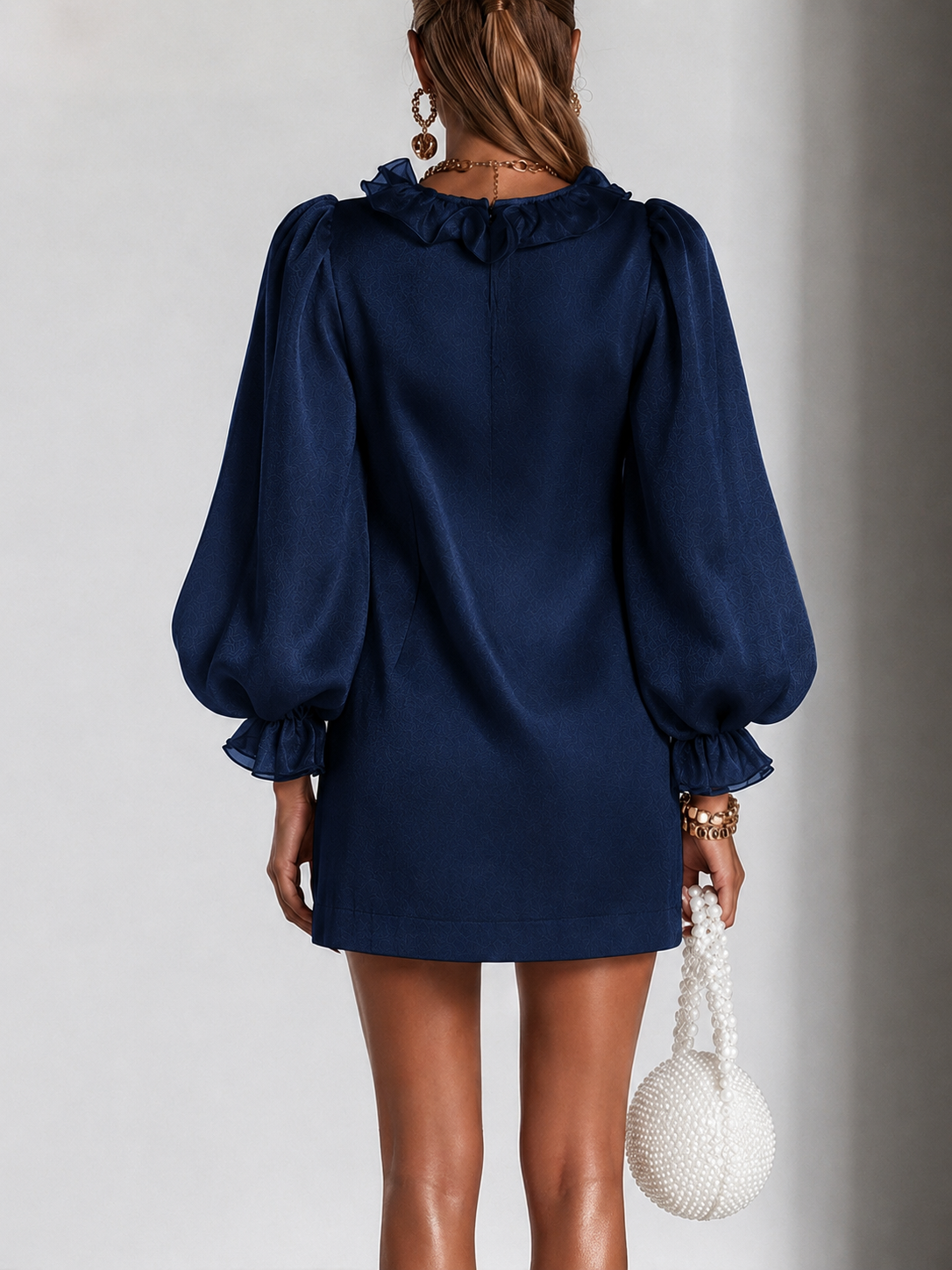 Ruffled Puff-Sleeve Loose Straight-Cut Mini Dress
