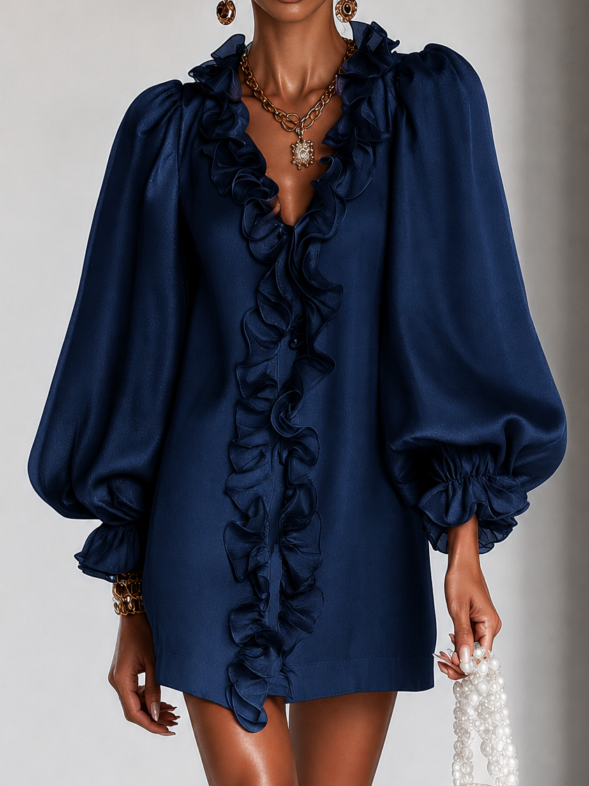 Ruffled Puff-Sleeve Loose Straight-Cut Mini Dress