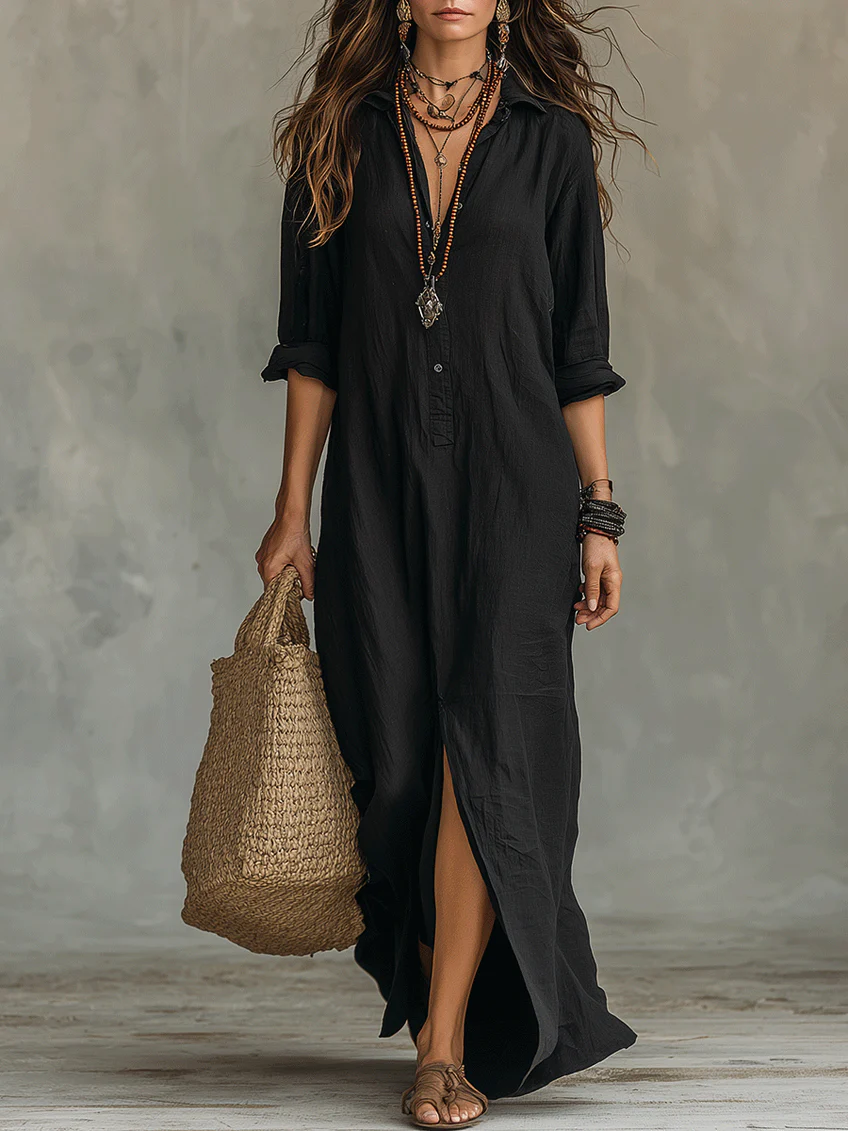 Solina | Vestido Largo Negro con Botones