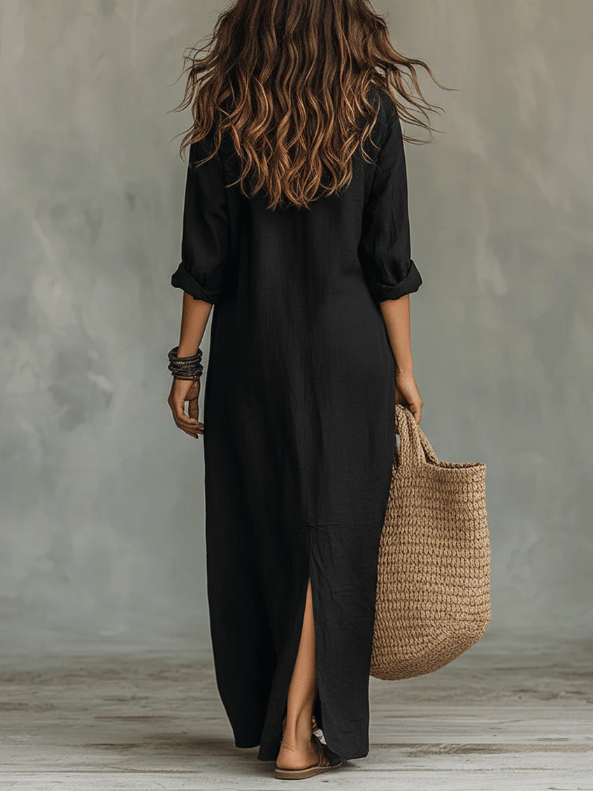 Solina | Vestido Largo Negro con Botones