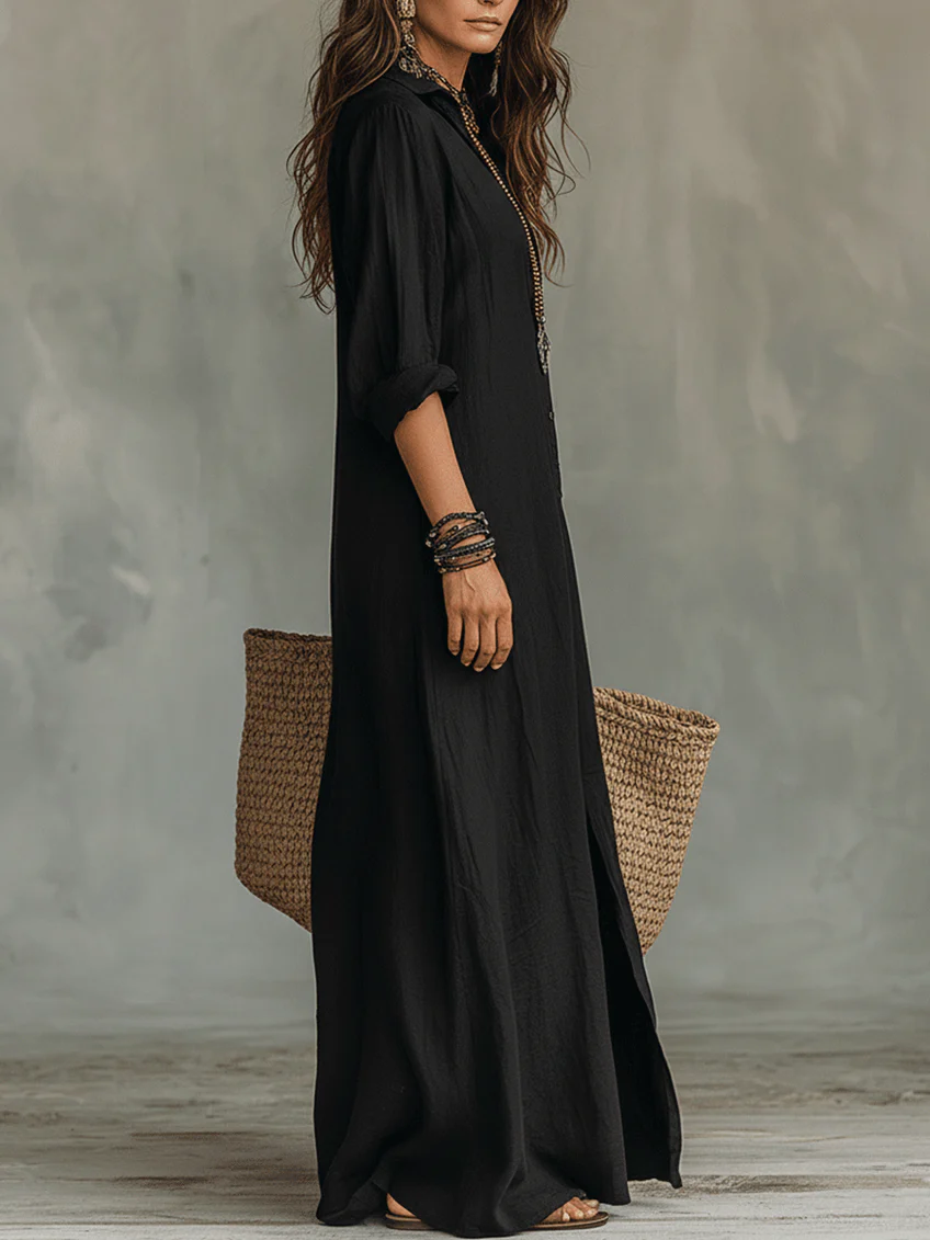 Solina | Vestido Largo Negro con Botones