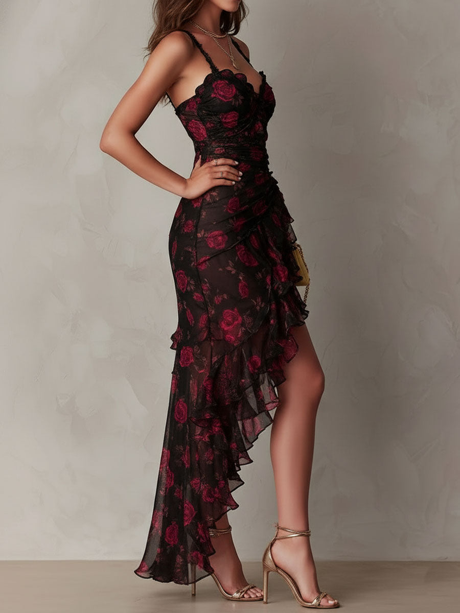 Lena | Vestido Floral Fruncido con Volante