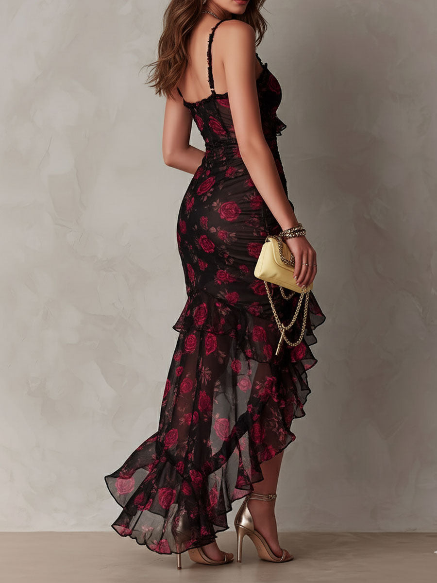Lena | Vestido Floral Fruncido con Volante