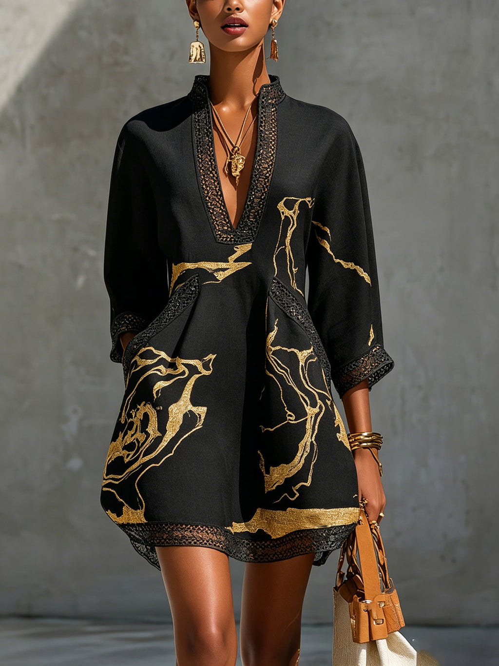 Black Gold Printed V-neck Crochet Lace Mini Dress