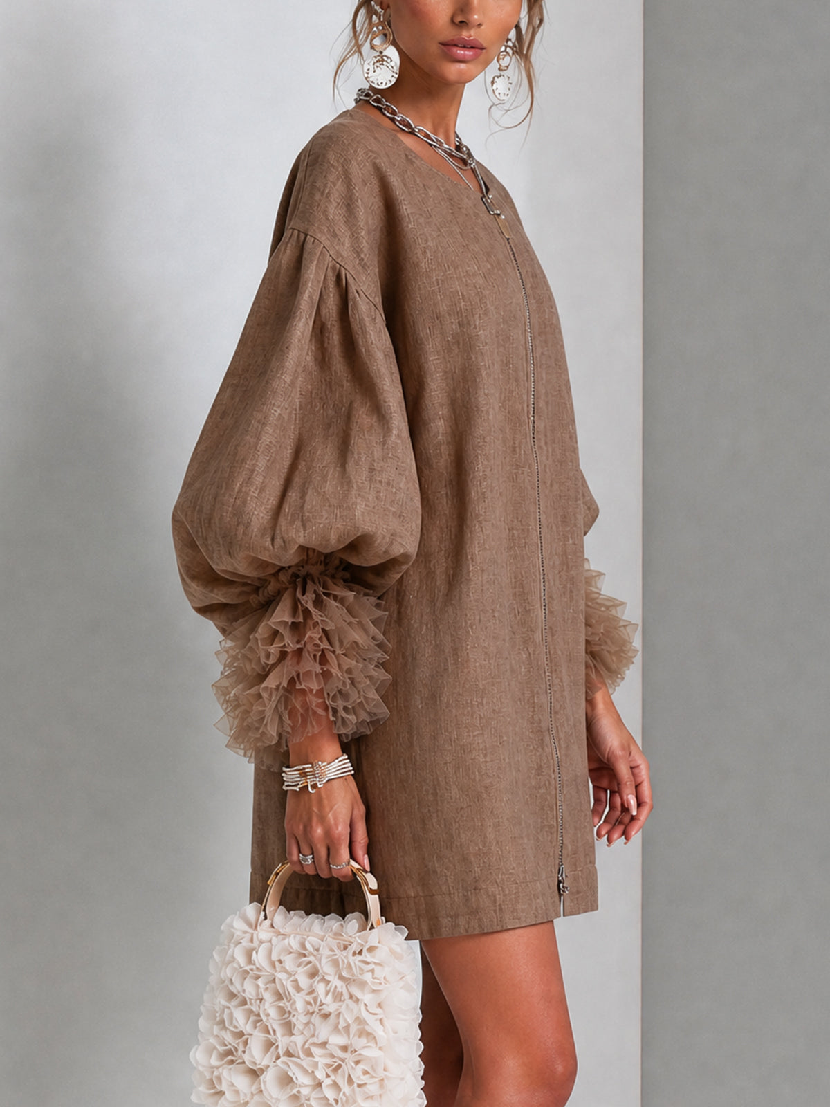 Brown Zip-Front Balloon Sleeve Mini Dress With Pleated Ruffle Cuffs